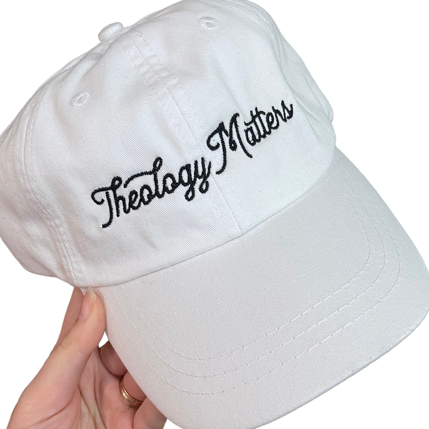 theology matters | hat | white + black