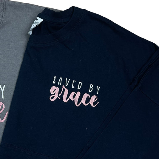 saved by grace | medium | jersey shirt | navy + pink