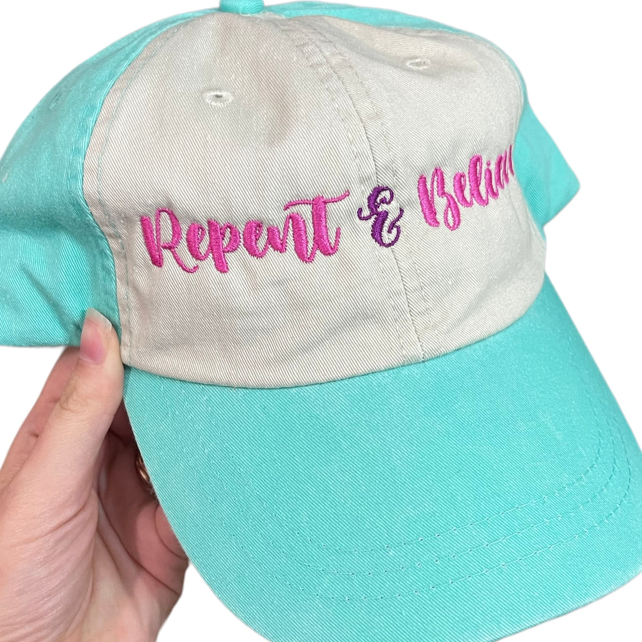 repent & believe | hat | teal + pink