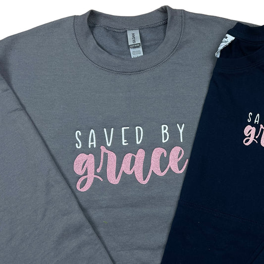 saved by grace | medium | gildan | gray + pink