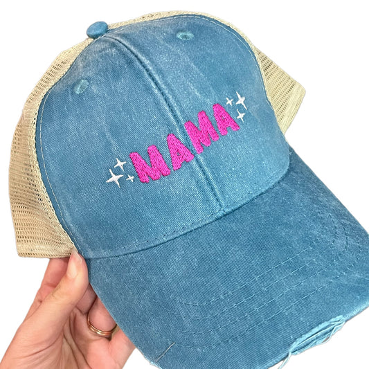 mama | hat | blue destroyed trucker + pink