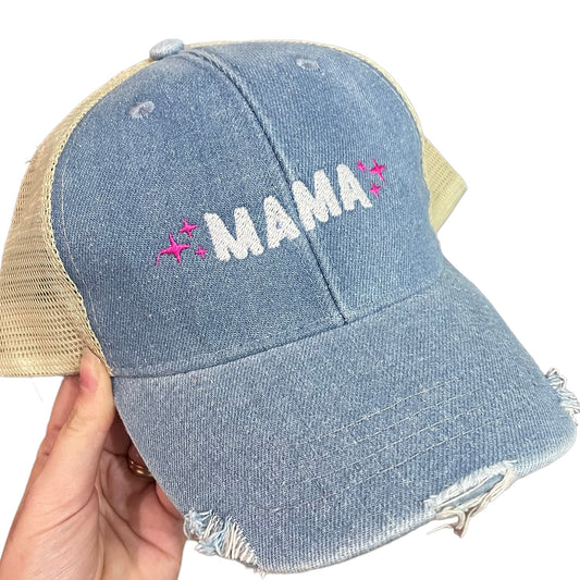 mama | hat | light blue destroyed trucker + white